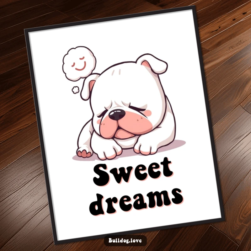 Funny digital art print of a sleepy bulldog softly snoring with a happy dream bubble, capturing a moment of humorous serenity.