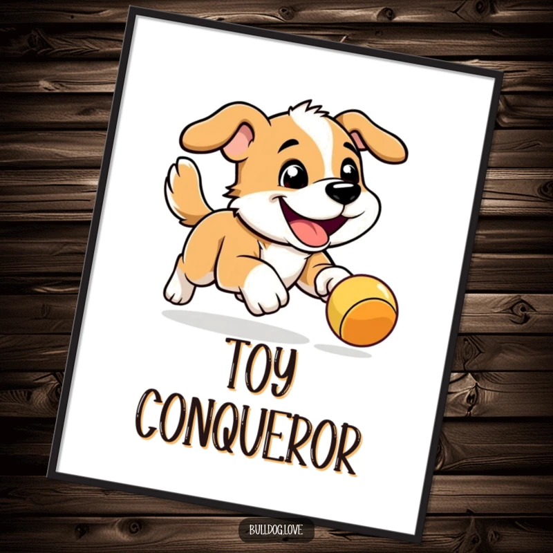 Funny Energetic Dog Digital Art Print: Energetic dog with a determined grin leaping dynamically after a bouncy toy.