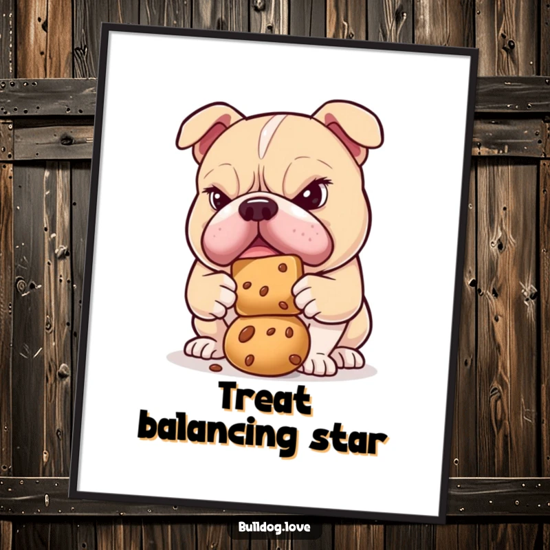 Funny bulldog digital art print of a determined dog intensely focused on balancing a treat, perfect for motivational decor.