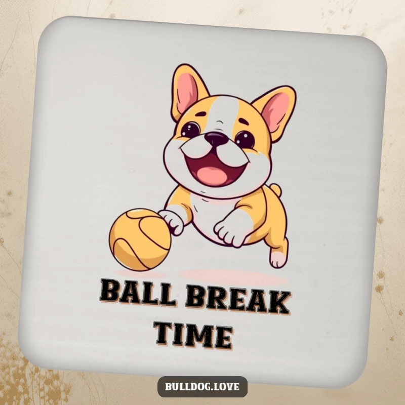 Funny Kawaii bulldog coasters depicting a dog playfully chasing a bouncing ball, protecting surfaces with canine joy.