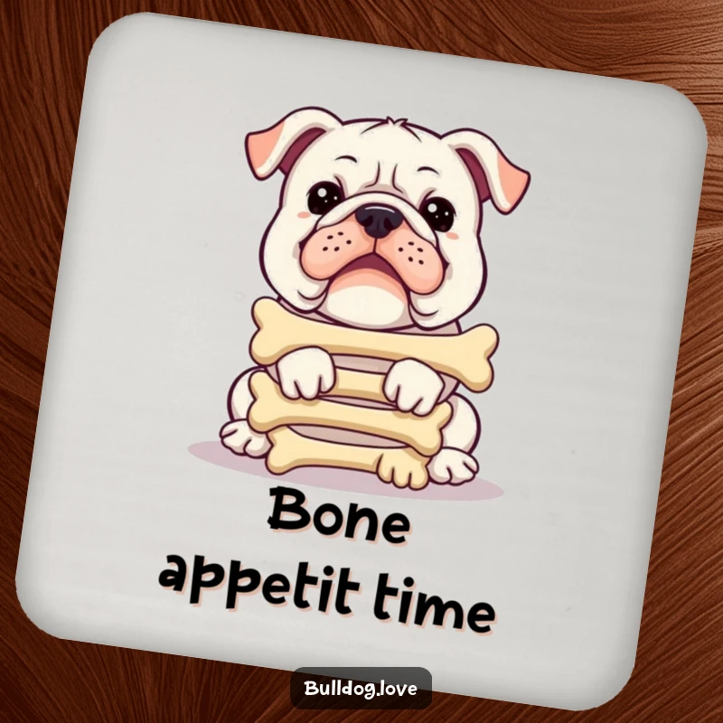 Funny bulldog coaster, adeptly balancing numerous bones, radiating comical focus, protecting furniture with a smile.