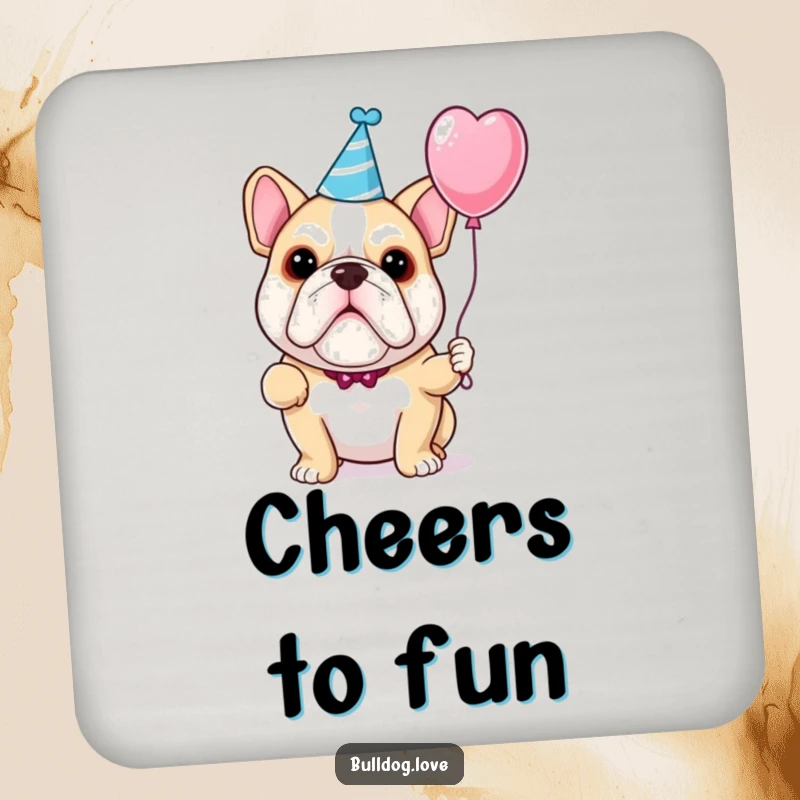 Funny bulldog party coaster showing a dog wearing a party hat and holding a balloon.
