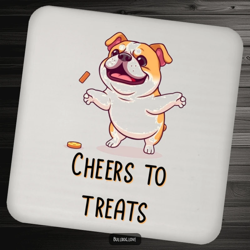 Funny Bulldog Coasters: Set of 4 featuring an enthusiastic bulldog jumping for a treat. Fun and funny gift.