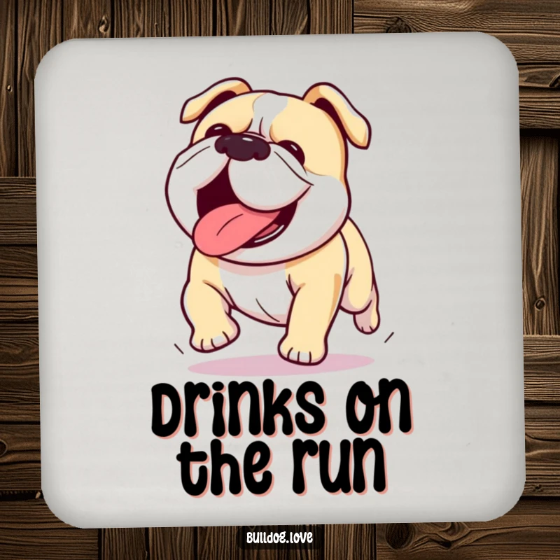 Funny Kawaii bulldog coasters depicting a dog running with its tongue out, protecting surfaces with energetic canine charm.