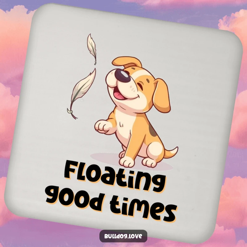 Funny Broad Snout Dog Coaster: Dog with a broad snout playfully catching a feather, protecting surfaces with charm.