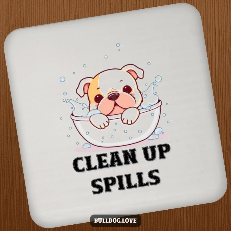 Funny bulldog coaster, happily splashing in a bubbly bath, looking clean and cheerful, protects surfaces with humor.