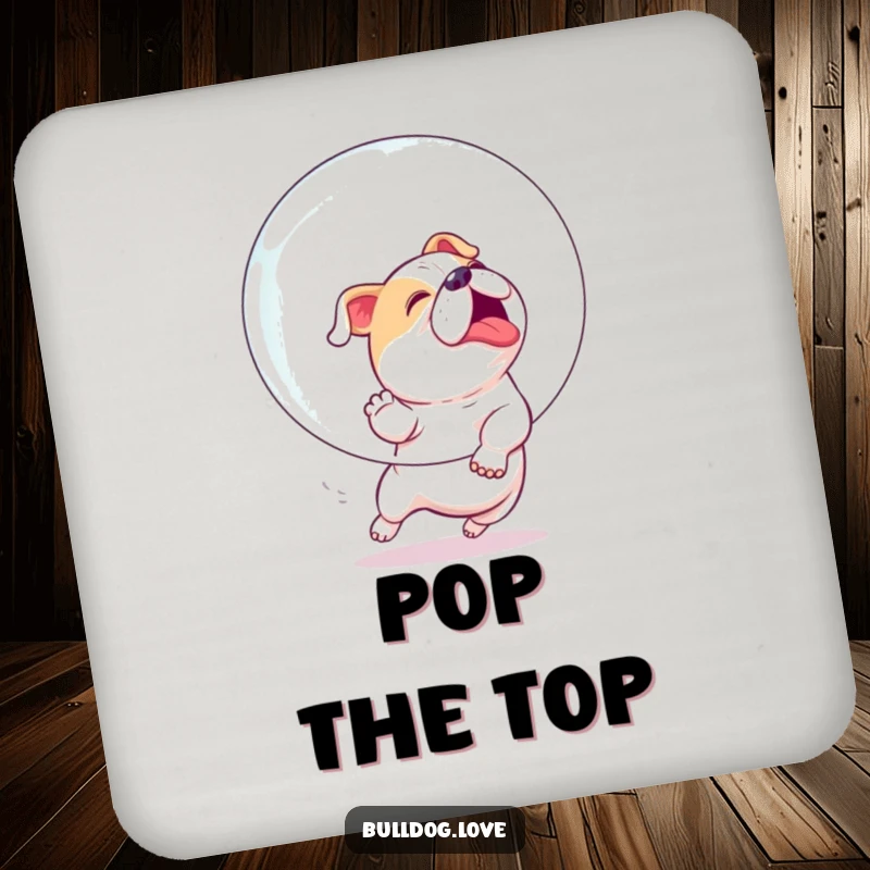 Funny coaster depicting an enthusiastic bulldog playfully chasing a giant bubble with pure joy and excitement.