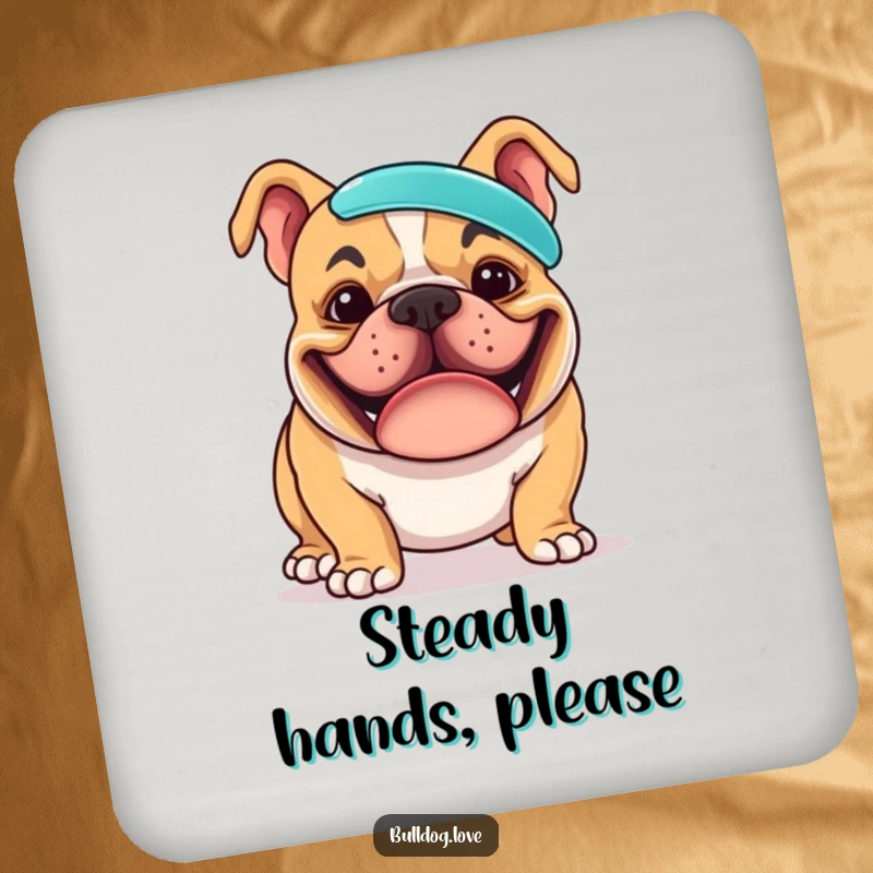 Funny coaster depicting a bulldog with a goofy grin, balancing a frisbee on its nose, a comical addition to any home.