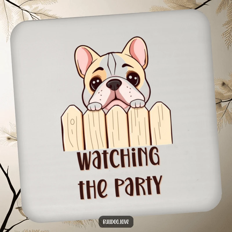 Funny bulldog peeking coaster featuring a dog peeking over a fence with curious eyes.