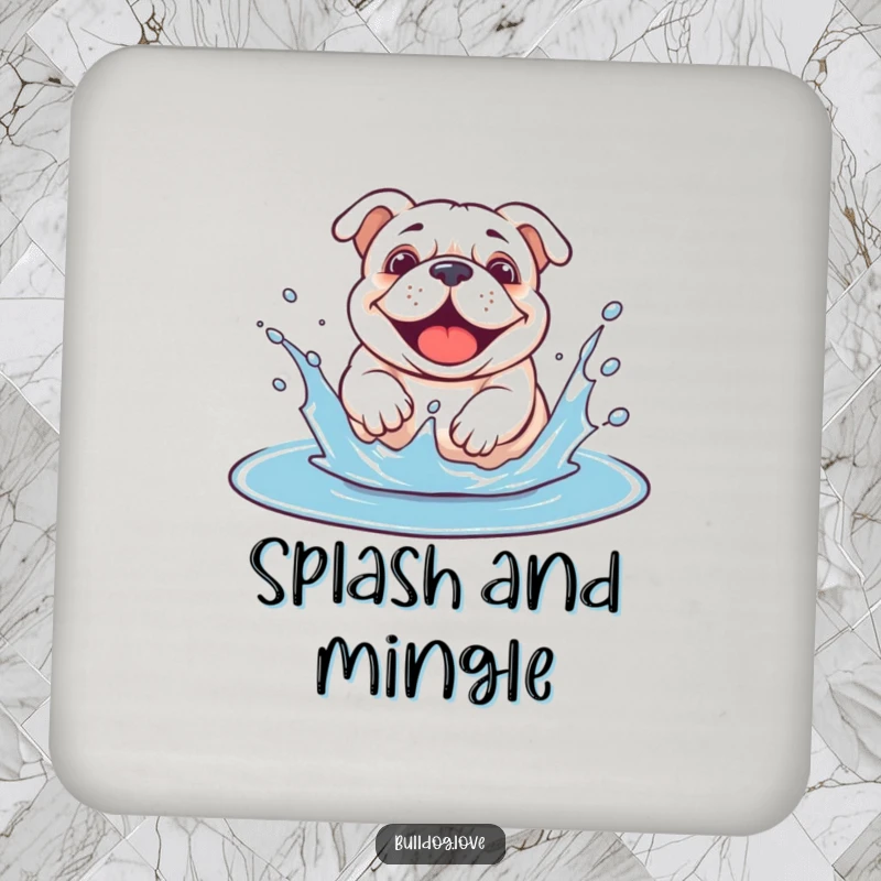 Funny bulldog puddle coaster featuring a dog splashing with happy abandon in a puddle.