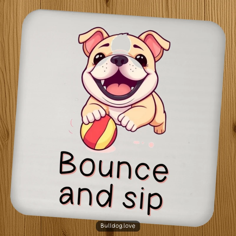 Funny bulldog pup coaster featuring a dog with a joyful grin, playfully engaged with a bouncy ball.