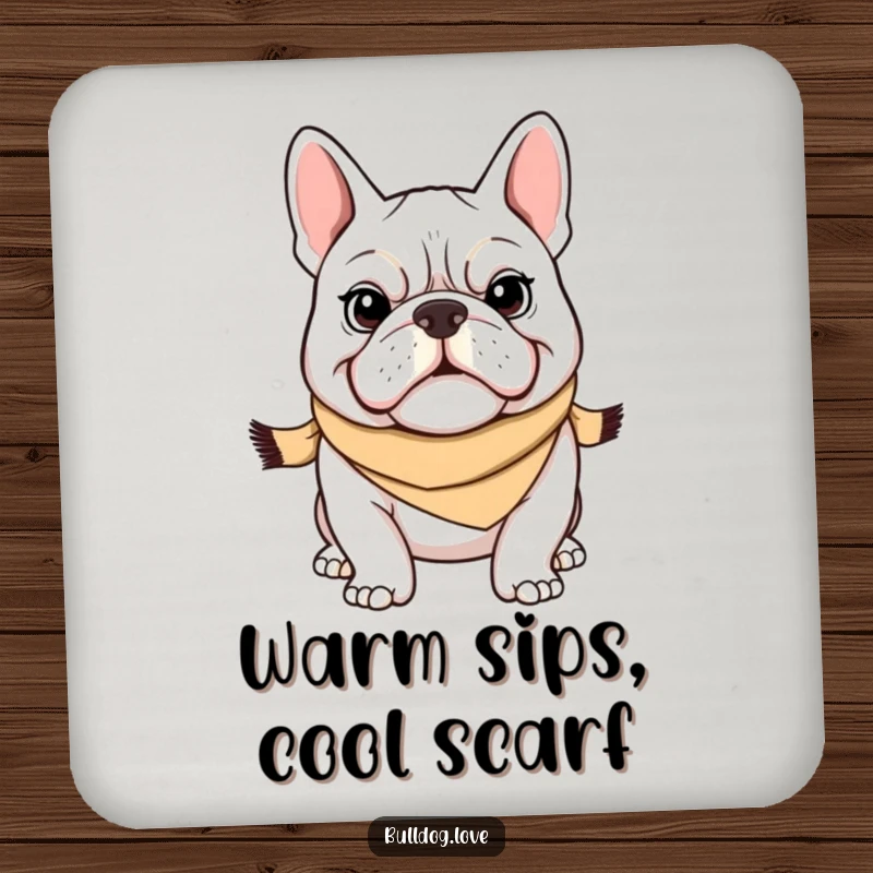 Funny Bulldog Coasters: A set of 4 featuring a determined bulldog with a scarf and grin, protecting surfaces with humor. Ideal funny gift.