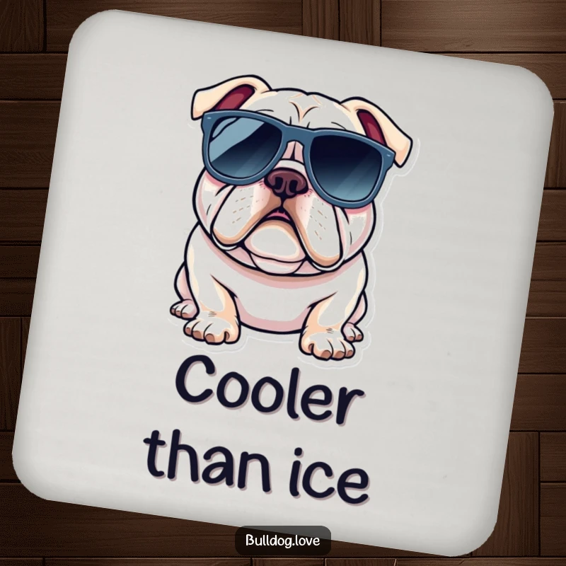 Funny bulldog coasters featuring a dog wearing oversized sunglasses, exuding a cool and laid-back vibe.