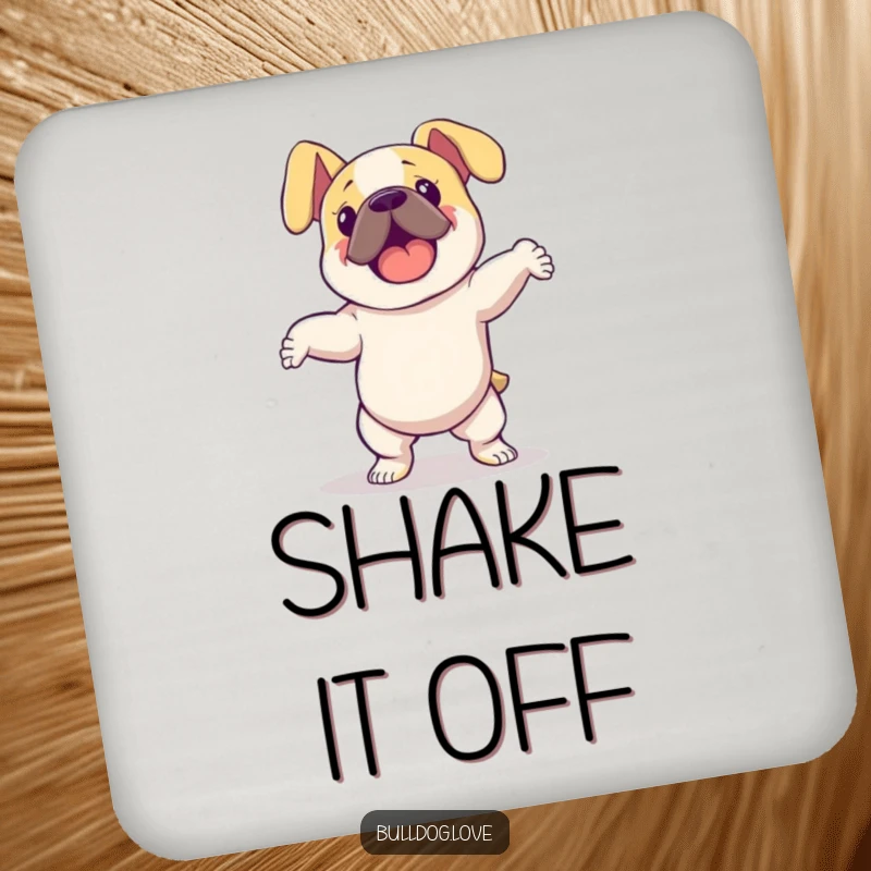 Funny bulldog with floppy ears dancing energetically, featured on drink coasters, adding groovy humor to your table setting.