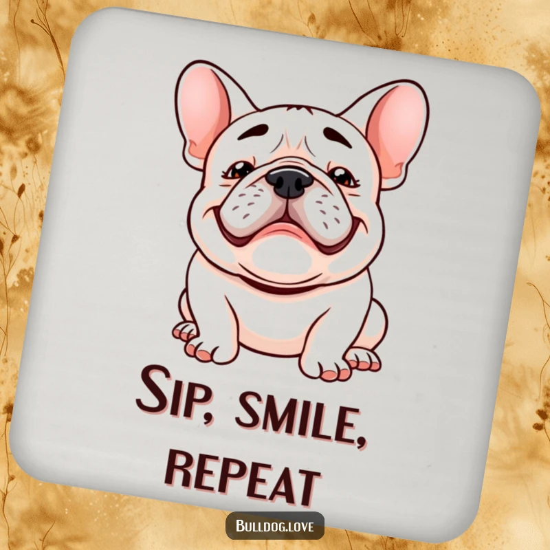Funny Kawaii bulldog coasters with goofy grins and floppy ears bouncing, protecting surfaces with adorable canine charm.