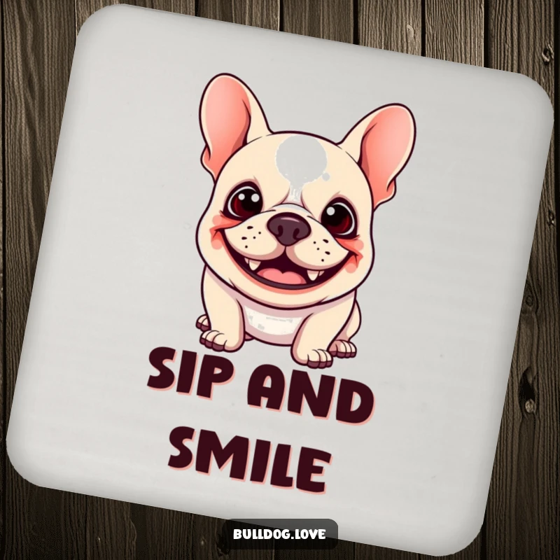 Funny Kawaii Bulldog Drink Coaster featuring a happy dog with a goofy grin and floppy ears bouncing, protecting surfaces with humor.