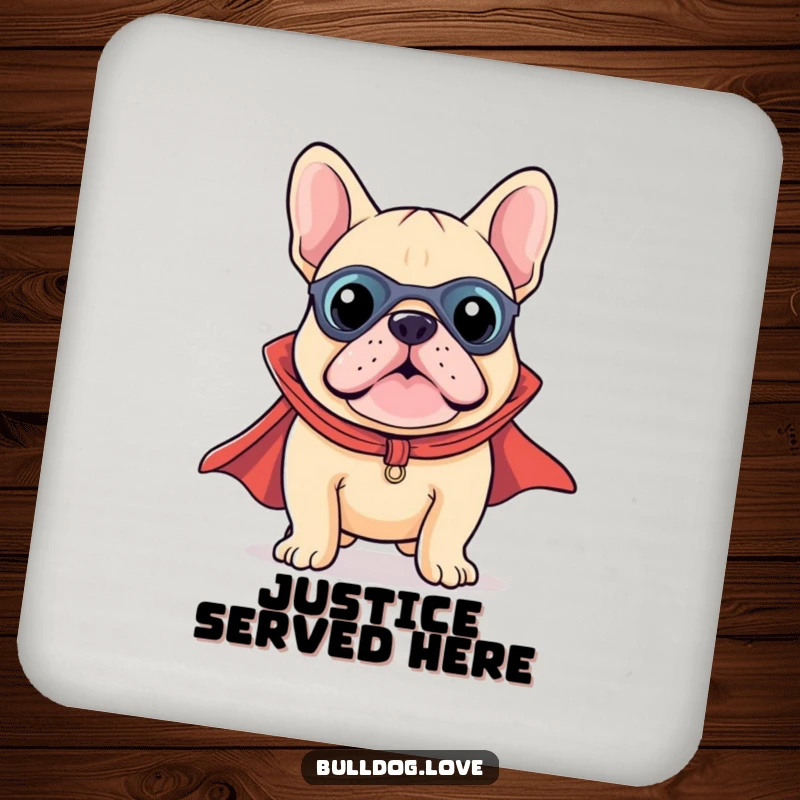 Funny Kawaii Bulldog Superhero Coasters featuring a dog in a cape, protecting tables with adorable, heroic style.