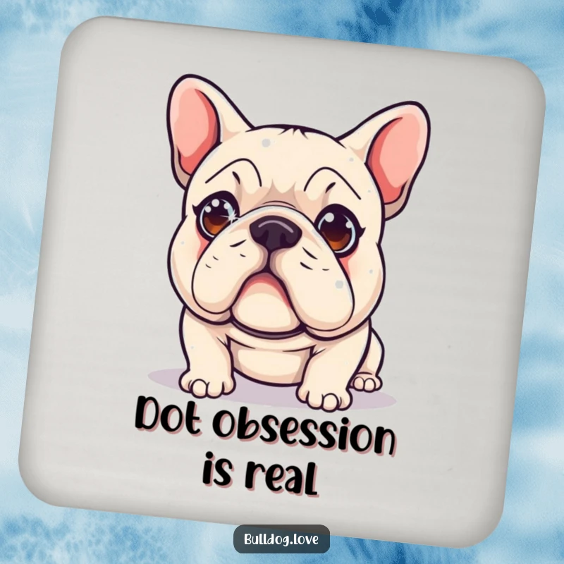 Funny Drink Coaster featuring a cute bulldog with sparkling eyes, hilariously focused on chasing a red laser dot.