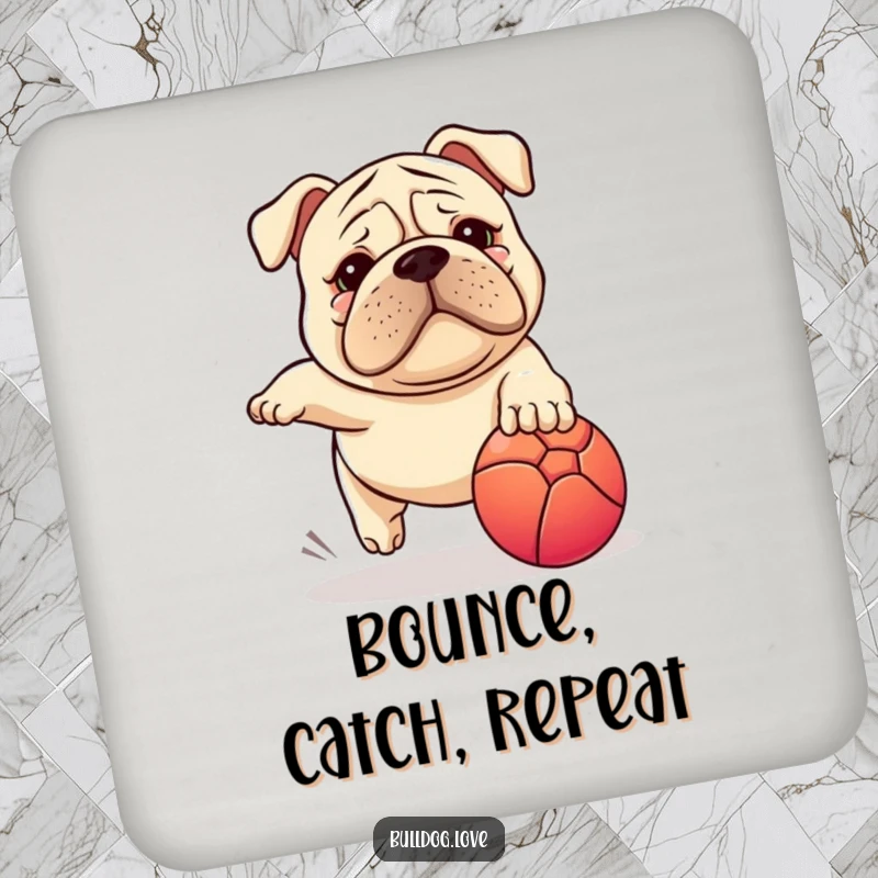 Funny Stocky Dog Coaster: Wrinkled face stocky dog in a comical chase after a bright ball, protecting surfaces.