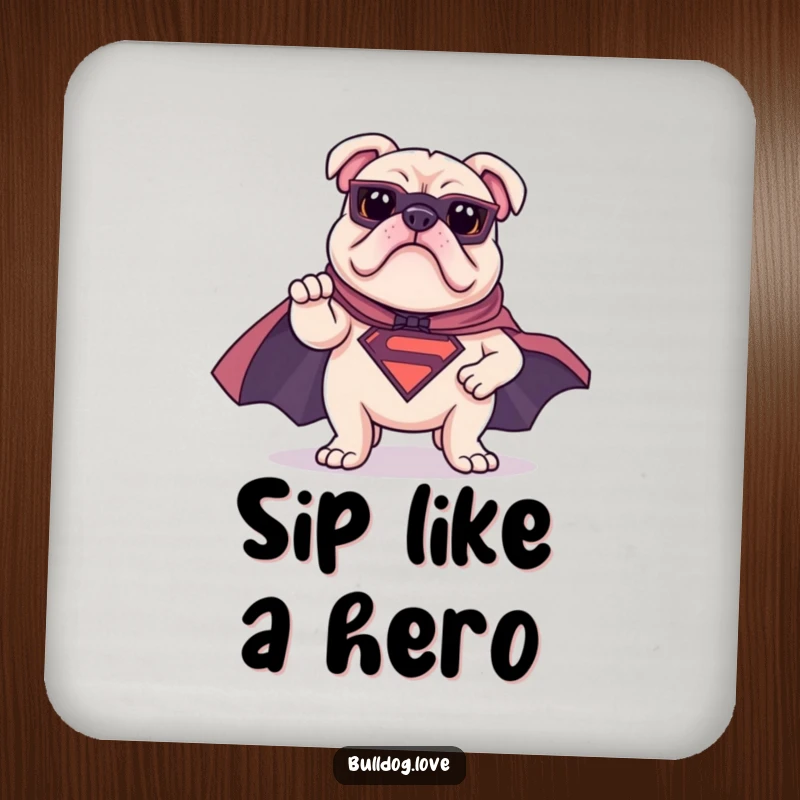 Funny bulldog coaster showing a bulldog in a superhero cape striking a heroic pose, offering protection with heroic humor.