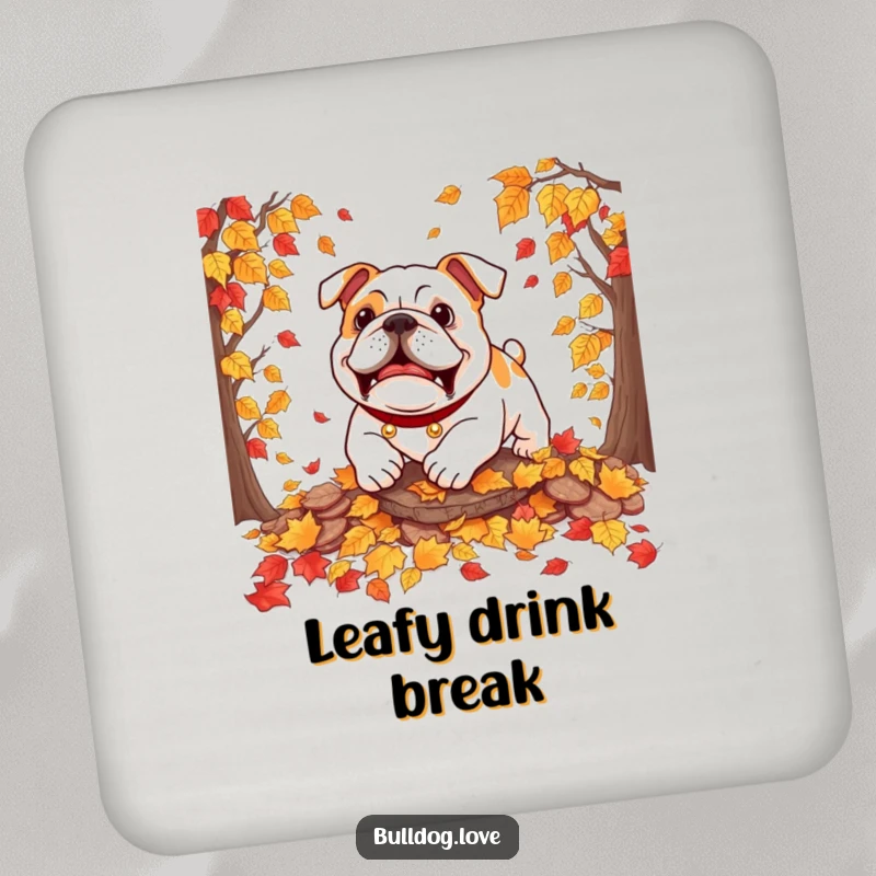 Funny bulldog coasters featuring a dog playfully pouncing on autumn leaves, offering humorous seasonal protection.
