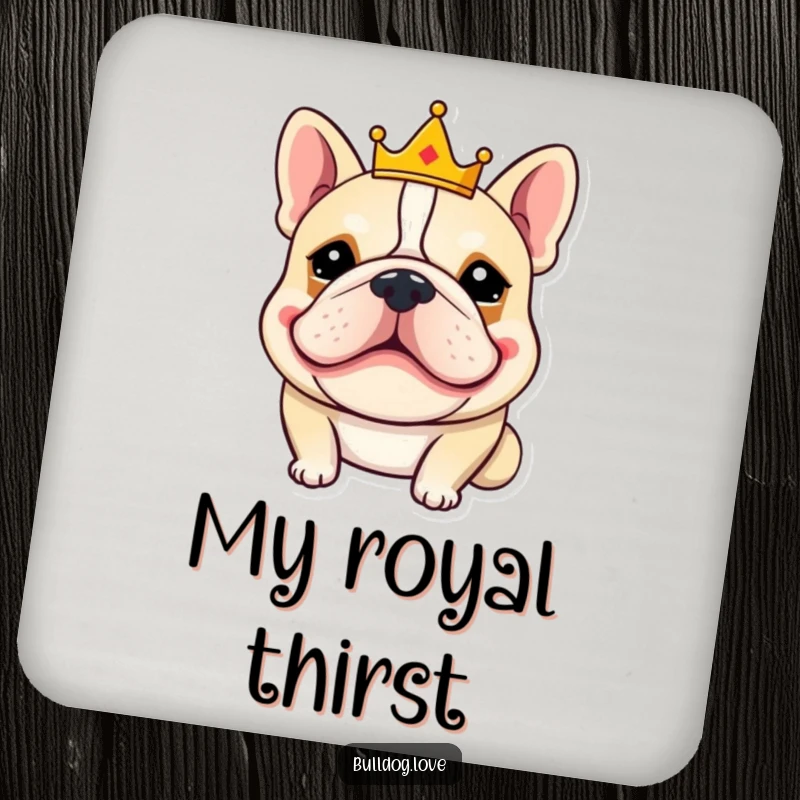 Funny bulldog coaster featuring a goofy-grinning bulldog wearing a small crown, offering playful protection with royal charm.