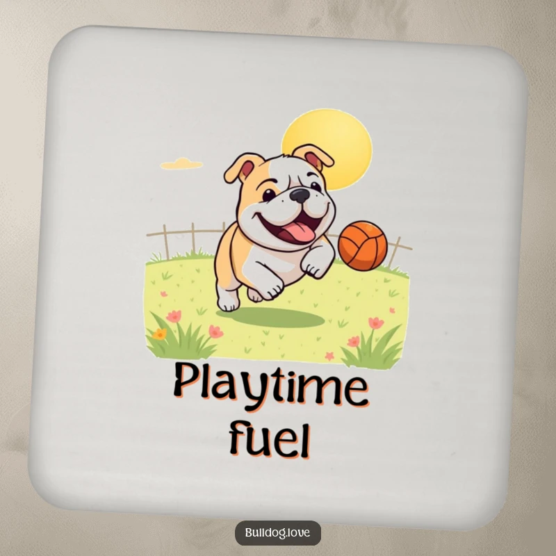 Funny coaster featuring a gleeful bulldog joyfully chasing a bouncing ball in a sunny field, a delightful addition to protect surfaces.