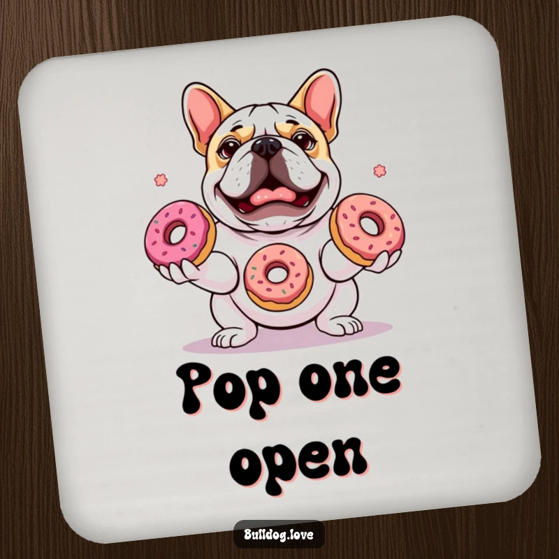 Funny coaster depicting a focused bulldog expertly juggling three colorful donuts with a look of pure, delightful concentration.