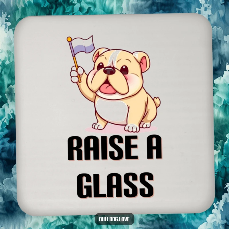 Funny bulldog coasters featuring an enthusiastic dog waving a flag, offering humorous protection for drinks.