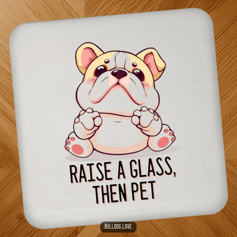 Funny Kawaii bulldog coasters with paws up, adorably asking for a belly rub, protecting surfaces with canine charm.