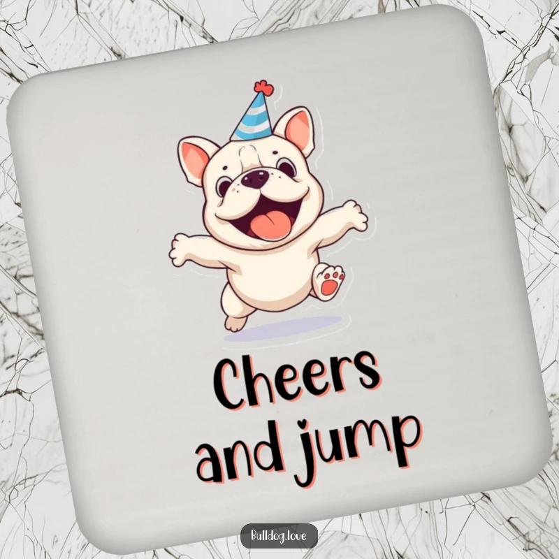 Funny party bulldog drink coasters, protect furniture, featuring a jumping dog wearing a tiny party hat.