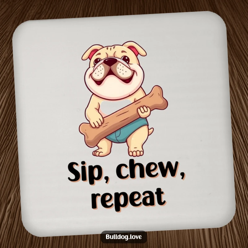 Funny coaster showcasing a happy bulldog with a large, chewed bone, a charming addition to protect surfaces with a humorous design.
