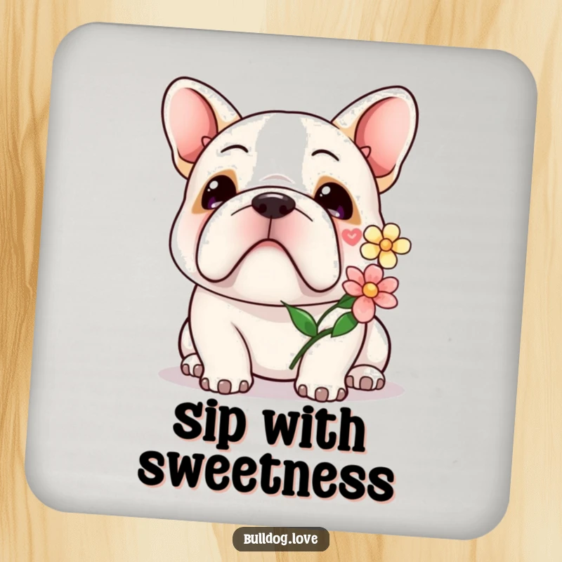 Kawaii bulldog flower coaster featuring a cute dog with a gentle smile, offering a flower.