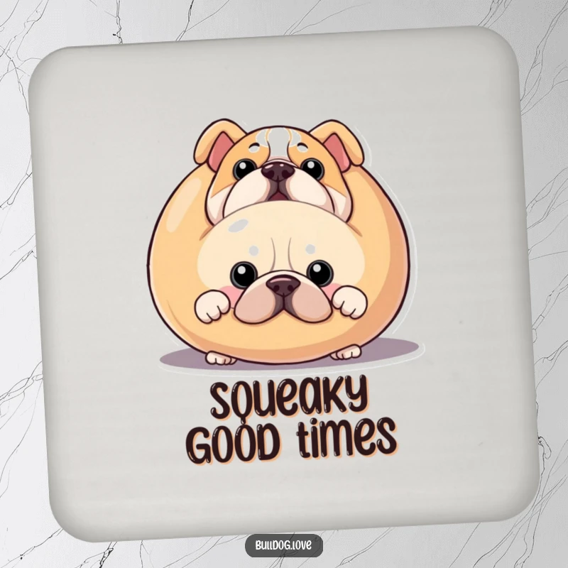 Funny bulldog drink coasters, protect furniture, featuring a dog peeking from behind a large squeaky toy.