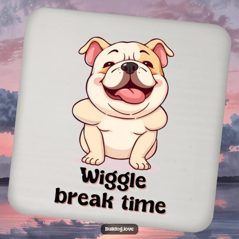 Funny bulldog coaster featuring a dog wiggling its body with hilarious, infectious joy, protecting surfaces with humor.