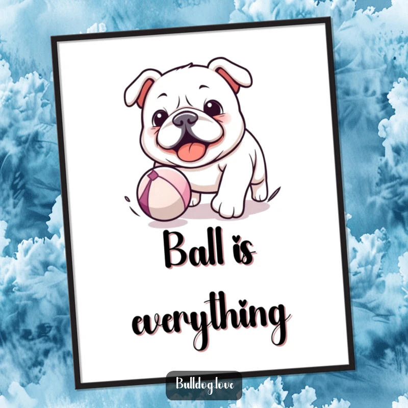 Funny Kawaii Bulldog Poster depicting a dog joyfully chasing a bouncing ball, adding playful and humorous wall decor.