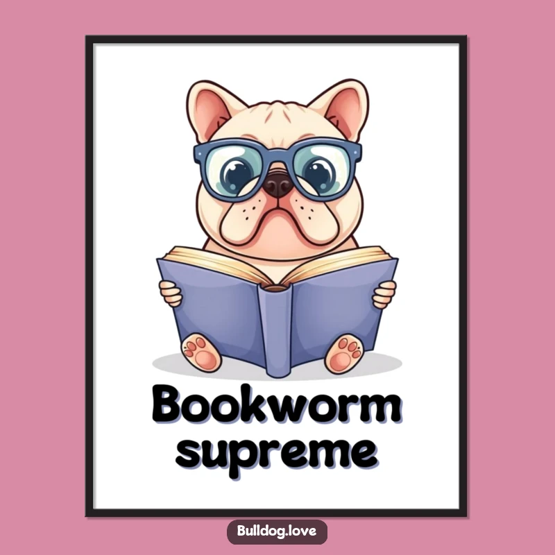 Funny Bookworm Bulldog Poster: Smart Glasses Pup Art, Hilarious Decor Gift for Readers