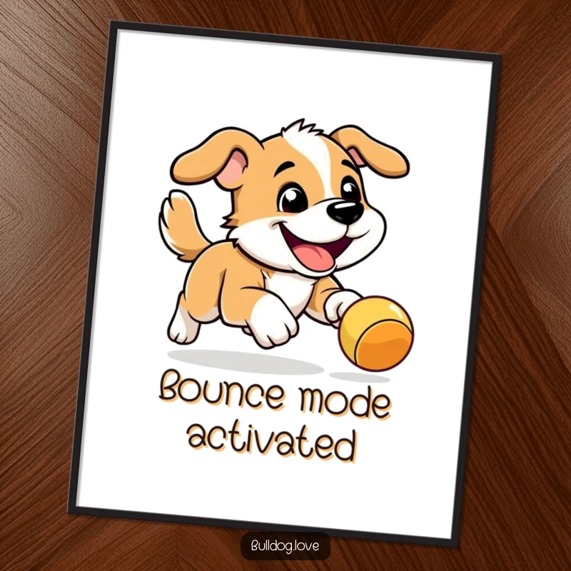 Funny Energetic Dog Poster: Energetic dog with a determined grin leaping high to catch a bouncy toy, full of action.