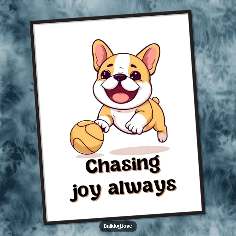 Funny Kawaii bulldog poster depicting a dog playfully chasing a bouncing ball with sheer delight and joyful abandon.