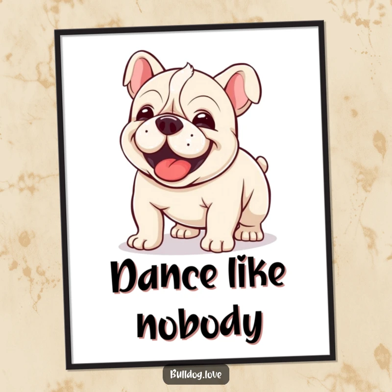 Funny Kawaii Bulldog Poster capturing a dog in a hilarious, joyful wiggle, full of clumsy, happy motion.
