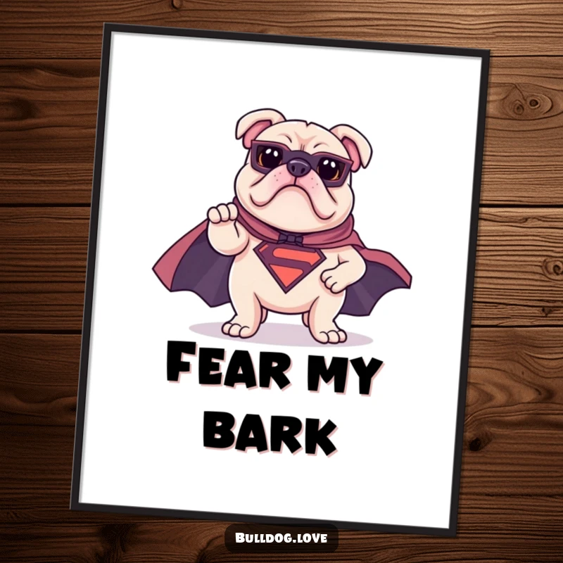 Funny bulldog poster depicting a bulldog in a superhero cape striking a heroic pose, an inspiring and humorous piece of art.