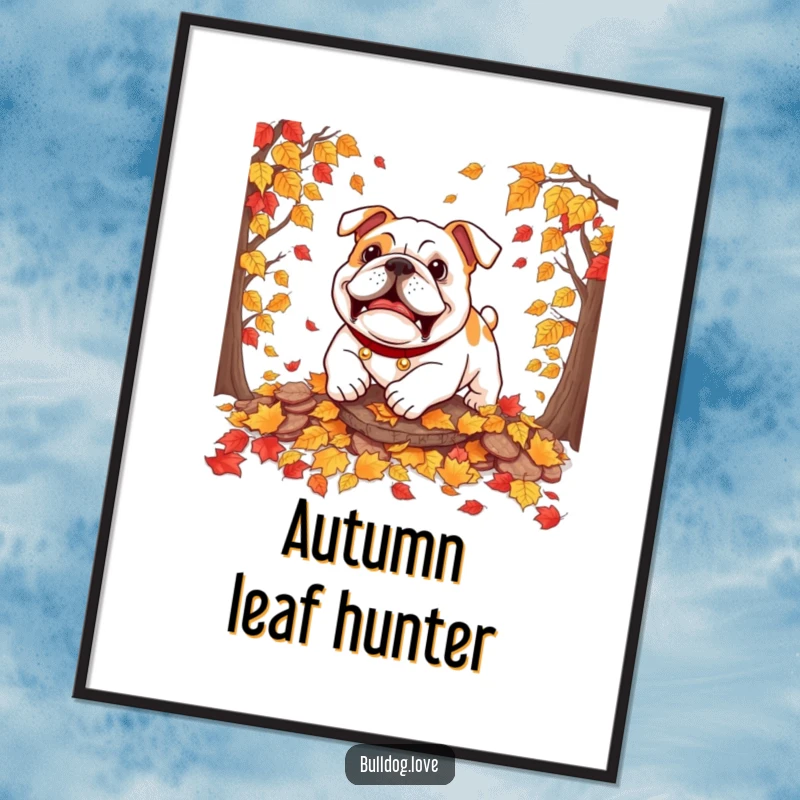 Funny bulldog poster featuring a dog playfully pouncing on colorful, rustling autumn leaves, celebrating the season.
