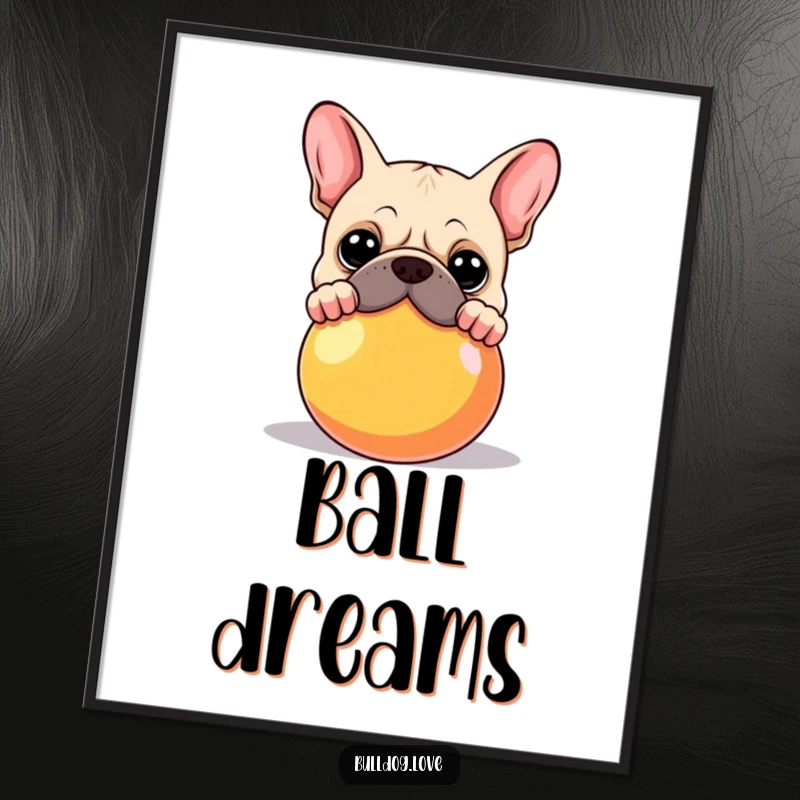 Funny Bulldog Poster: A curious bulldog peeking over a large, brightly colored ball, inviting play. Ideal funny gift.