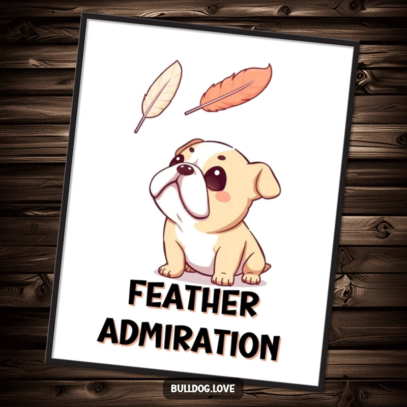 Funny bulldog poster art, gazing with unwavering adoration at a single floating feather, embodying pure wonder and innocence.