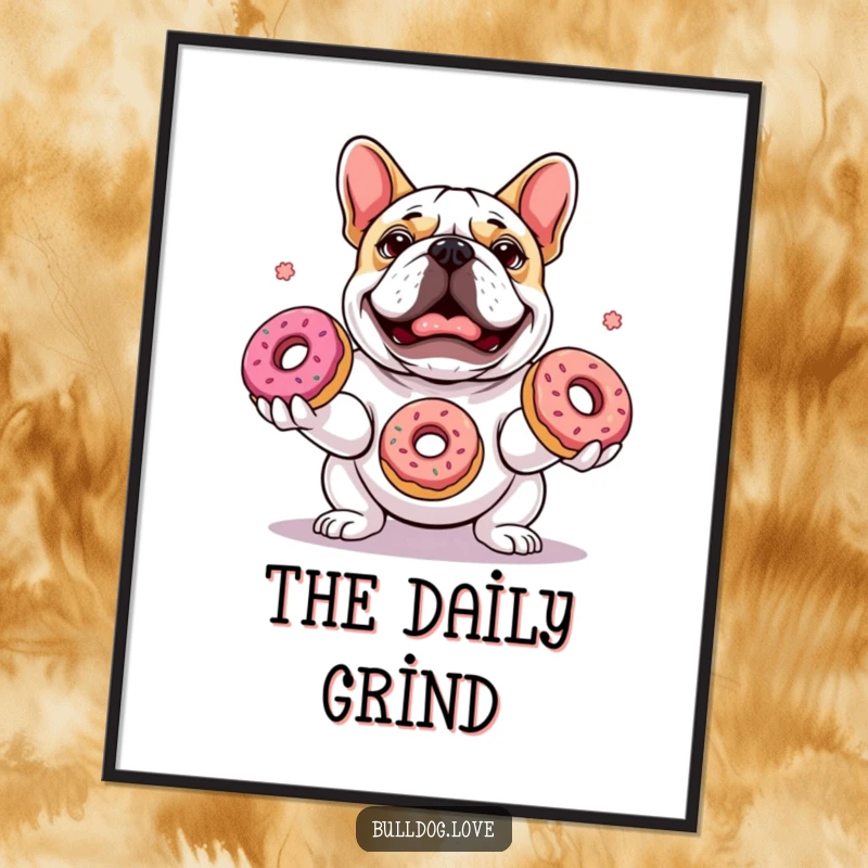 Funny poster of a focused bulldog masterfully juggling three vibrant donuts, showcasing intense delight and impressive coordination.