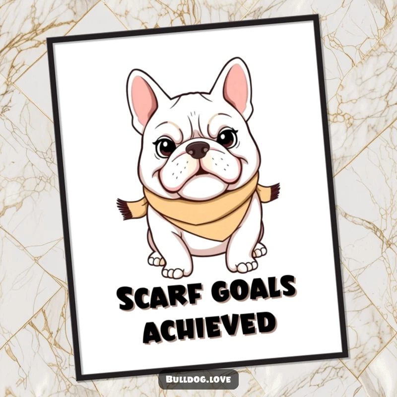 Funny Bulldog Poster: A determined bulldog with a grin and a tiny scarf, adds a touch of humor and charm to any wall. Ideal funny gift.