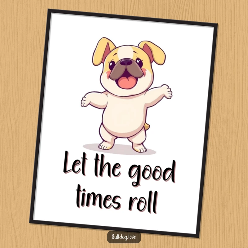 Funny bulldog with floppy ears dancing energetically, printed on a poster, conveying pure joy and uninhibited movement.