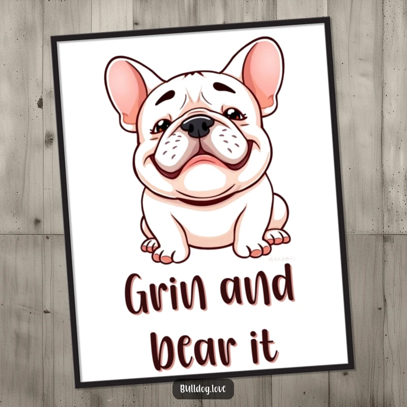 Funny Kawaii bulldog poster featuring a happy dog with a goofy grin and floppy ears bouncing, creating a joyful atmosphere.