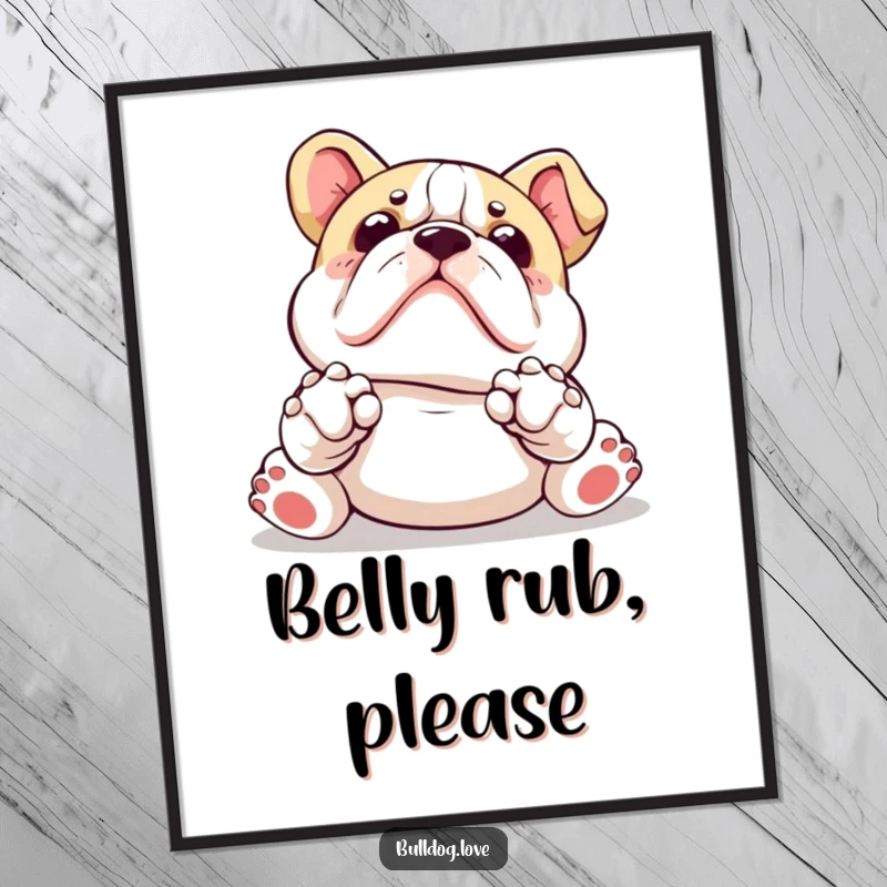 Funny Kawaii bulldog poster featuring a dog with paws up, adorably requesting a belly rub, radiating sweet charm.