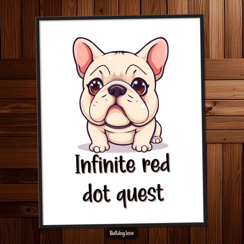 Funny Poster print of a cute bulldog with sparkling, wide eyes, hilariously stalking a elusive red laser dot across the floor.